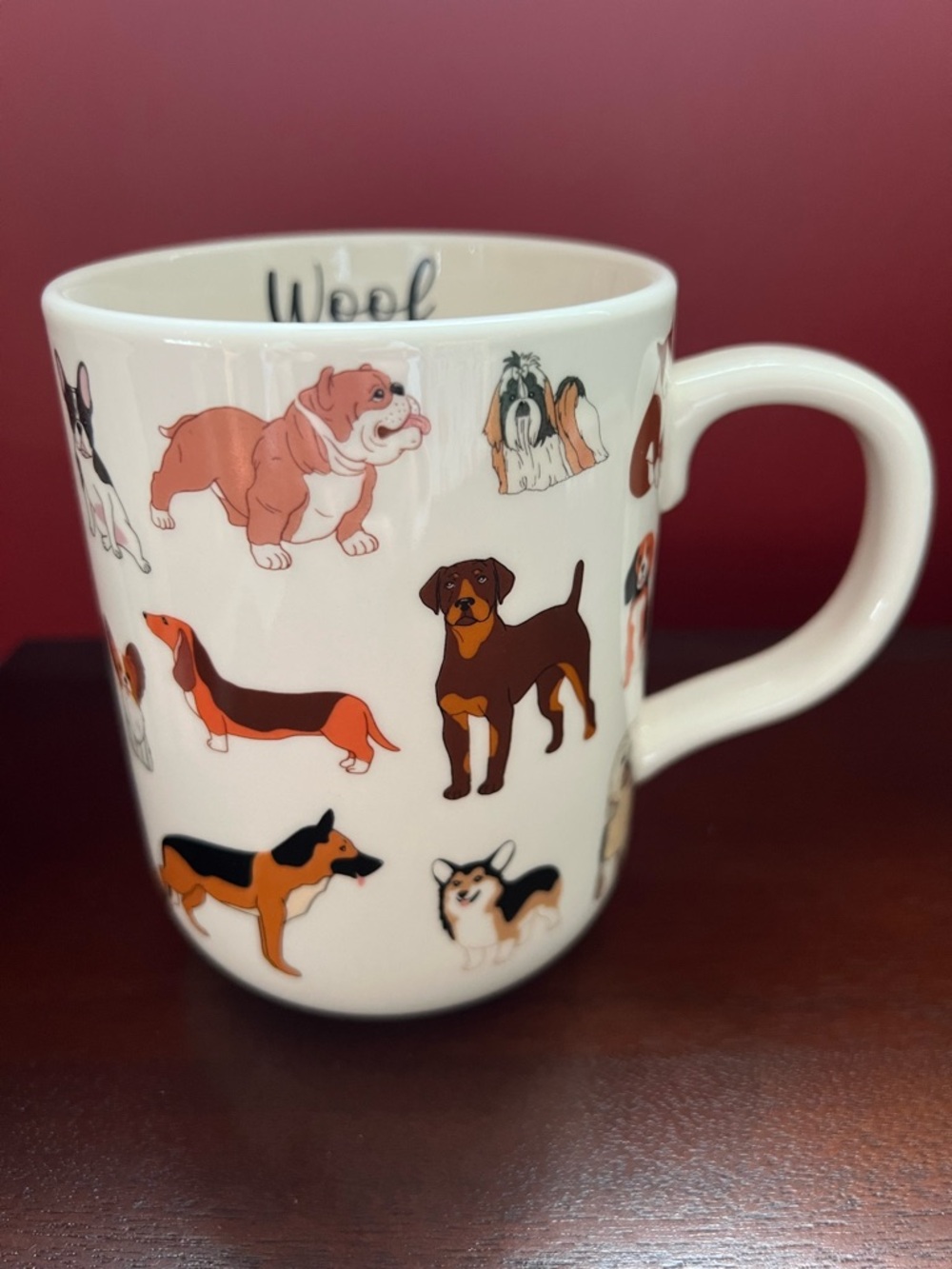 NWT Mainstays Dog Breed “Woof” Stoneware Mug – White with Multicolor Dog Design